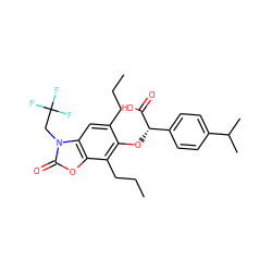 CCCc1cc2c(oc(=O)n2CC(F)(F)F)c(CCC)c1O[C@H](C(=O)O)c1ccc(C(C)C)cc1 ZINC000012358594