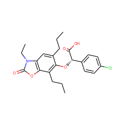 CCCc1cc2c(oc(=O)n2CC)c(CCC)c1O[C@H](C(=O)O)c1ccc(Cl)cc1 ZINC000012358596