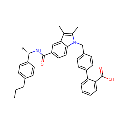 CCCc1ccc([C@H](C)NC(=O)c2ccc3c(c2)c(C)c(C)n3Cc2ccc(-c3ccccc3C(=O)O)cc2)cc1 ZINC000205960819