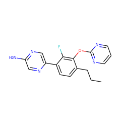 CCCc1ccc(-c2cnc(N)cn2)c(F)c1Oc1ncccn1 ZINC000224546230