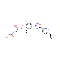 CCCc1ccc(-c2nc(-c3cc(C)c(OC[C@@H](O)CNC(=O)CO)c(CC)c3)no2)cn1 ZINC000103245257