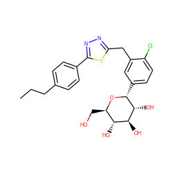 CCCc1ccc(-c2nnc(Cc3cc([C@H]4O[C@H](CO)[C@@H](O)[C@H](O)[C@H]4O)ccc3Cl)s2)cc1 ZINC000045335685