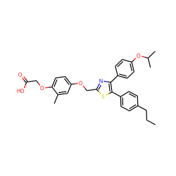 CCCc1ccc(-c2sc(COc3ccc(OCC(=O)O)c(C)c3)nc2-c2ccc(OC(C)C)cc2)cc1 ZINC000049793135