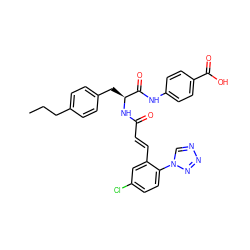 CCCc1ccc(C[C@H](NC(=O)/C=C/c2cc(Cl)ccc2-n2cnnn2)C(=O)Nc2ccc(C(=O)O)cc2)cc1 ZINC000653702467