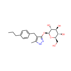 CCCc1ccc(Cc2c(O[C@@H]3O[C@H](CO)[C@@H](O)[C@H](O)[C@H]3O)n[nH]c2C)cc1 ZINC000034010150