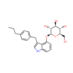 CCCc1ccc(Cc2c[nH]c3cccc(O[C@@H]4O[C@H](CO)[C@@H](O)[C@H](O)[C@H]4O)c23)cc1 ZINC000028572397