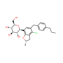 CCCc1ccc(Cc2cc([C@@H]3O[C@H](CO)[C@@H](O)[C@H](O)[C@H]3O)c3c(c2Cl)C[C@H](C)O3)cc1 ZINC000206064274