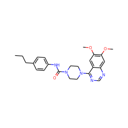 CCCc1ccc(NC(=O)N2CCN(c3ncnc4cc(OC)c(OC)cc34)CC2)cc1 ZINC000013474777