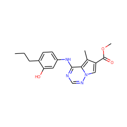 CCCc1ccc(Nc2ncnn3cc(C(=O)OC)c(C)c23)cc1O ZINC000028330502