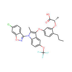 CCCc1ccc(Oc2c(C)n(-c3noc4cc(Cl)ccc34)c3ccc(OC(F)(F)F)cc23)cc1O[C@@H](C)C(=O)O ZINC000028476759