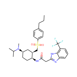 CCCc1ccc(S(=O)(=O)C[C@@H]2C[C@H](N(C)C(C)C)CC[C@@H]2NC(=O)Cc2nc3cccc(C(F)(F)F)c3[nH]2)cc1 ZINC000084742426