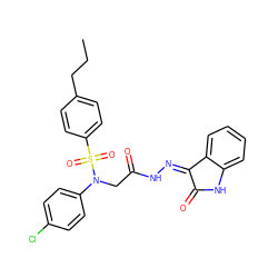 CCCc1ccc(S(=O)(=O)N(CC(=O)N/N=C2\C(=O)Nc3ccccc32)c2ccc(Cl)cc2)cc1 ZINC000013677354