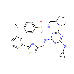 CCCc1ccc(S(=O)(=O)NC[C@H]2CCCN2c2nc(NCc3csc(-c4ccccc4)n3)nc(NC3CC3)n2)cc1 ZINC000095552025