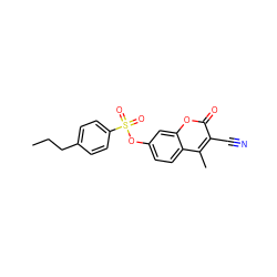 CCCc1ccc(S(=O)(=O)Oc2ccc3c(C)c(C#N)c(=O)oc3c2)cc1 ZINC001772627968