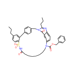 CCCc1ccc2c(c1)-c1ccc(cc1)Cn1c(CCC)nc3ccc(cc3c1=O)N(C(=O)OCc1ccccc1)CCCCCCCC(=O)NS2(=O)=O ZINC000095606333