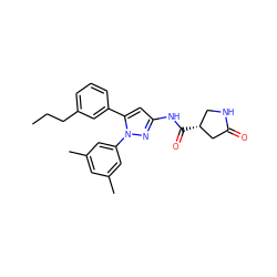 CCCc1cccc(-c2cc(NC(=O)[C@@H]3CNC(=O)C3)nn2-c2cc(C)cc(C)c2)c1 ZINC000169707240