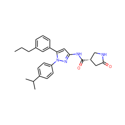 CCCc1cccc(-c2cc(NC(=O)[C@@H]3CNC(=O)C3)nn2-c2ccc(C(C)C)cc2)c1 ZINC000169707285