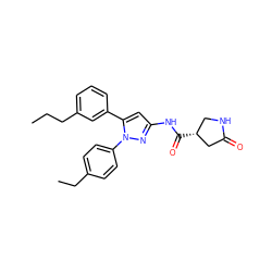 CCCc1cccc(-c2cc(NC(=O)[C@@H]3CNC(=O)C3)nn2-c2ccc(CC)cc2)c1 ZINC000169707323