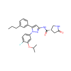 CCCc1cccc(-c2cc(NC(=O)[C@@H]3CNC(=O)C3)nn2-c2ccc(F)c(OC(C)C)c2)c1 ZINC000169707313