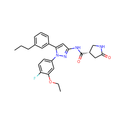 CCCc1cccc(-c2cc(NC(=O)[C@@H]3CNC(=O)C3)nn2-c2ccc(F)c(OCC)c2)c1 ZINC000169707312