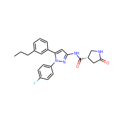 CCCc1cccc(-c2cc(NC(=O)[C@@H]3CNC(=O)C3)nn2-c2ccc(F)cc2)c1 ZINC000169706976