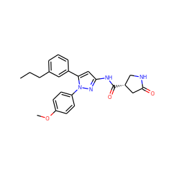 CCCc1cccc(-c2cc(NC(=O)[C@@H]3CNC(=O)C3)nn2-c2ccc(OC)cc2)c1 ZINC000169707284