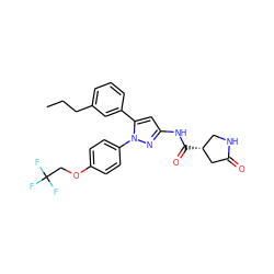 CCCc1cccc(-c2cc(NC(=O)[C@@H]3CNC(=O)C3)nn2-c2ccc(OCC(F)(F)F)cc2)c1 ZINC000169707297