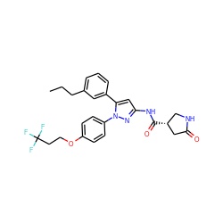 CCCc1cccc(-c2cc(NC(=O)[C@@H]3CNC(=O)C3)nn2-c2ccc(OCCC(F)(F)F)cc2)c1 ZINC000169707296