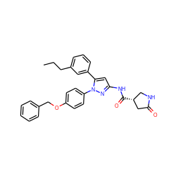 CCCc1cccc(-c2cc(NC(=O)[C@@H]3CNC(=O)C3)nn2-c2ccc(OCc3ccccc3)cc2)c1 ZINC000169707292