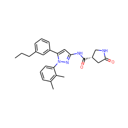 CCCc1cccc(-c2cc(NC(=O)[C@@H]3CNC(=O)C3)nn2-c2cccc(C)c2C)c1 ZINC000169707242