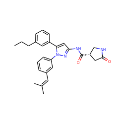 CCCc1cccc(-c2cc(NC(=O)[C@@H]3CNC(=O)C3)nn2-c2cccc(C=C(C)C)c2)c1 ZINC000169707400