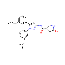 CCCc1cccc(-c2cc(NC(=O)[C@@H]3CNC(=O)C3)nn2-c2cccc(CC(C)C)c2)c1 ZINC000169707403