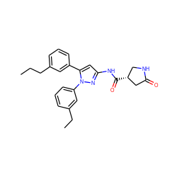 CCCc1cccc(-c2cc(NC(=O)[C@@H]3CNC(=O)C3)nn2-c2cccc(CC)c2)c1 ZINC000169707315