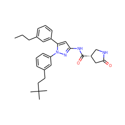 CCCc1cccc(-c2cc(NC(=O)[C@@H]3CNC(=O)C3)nn2-c2cccc(CCC(C)(C)C)c2)c1 ZINC000169707405