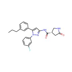 CCCc1cccc(-c2cc(NC(=O)[C@@H]3CNC(=O)C3)nn2-c2cccc(F)c2)c1 ZINC000169707042