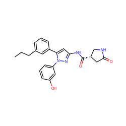 CCCc1cccc(-c2cc(NC(=O)[C@@H]3CNC(=O)C3)nn2-c2cccc(O)c2)c1 ZINC000169707264