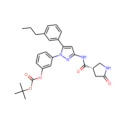 CCCc1cccc(-c2cc(NC(=O)[C@@H]3CNC(=O)C3)nn2-c2cccc(OC(=O)OC(C)(C)C)c2)c1 ZINC000169707310