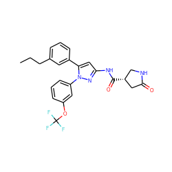 CCCc1cccc(-c2cc(NC(=O)[C@@H]3CNC(=O)C3)nn2-c2cccc(OC(F)(F)F)c2)c1 ZINC000169707320