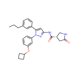 CCCc1cccc(-c2cc(NC(=O)[C@@H]3CNC(=O)C3)nn2-c2cccc(OC3CCC3)c2)c1 ZINC000169707330