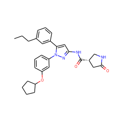 CCCc1cccc(-c2cc(NC(=O)[C@@H]3CNC(=O)C3)nn2-c2cccc(OC3CCCC3)c2)c1 ZINC000169707304