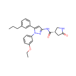 CCCc1cccc(-c2cc(NC(=O)[C@@H]3CNC(=O)C3)nn2-c2cccc(OCC)c2)c1 ZINC000169707301