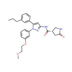 CCCc1cccc(-c2cc(NC(=O)[C@@H]3CNC(=O)C3)nn2-c2cccc(OCCOC)c2)c1 ZINC000169707324