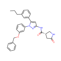 CCCc1cccc(-c2cc(NC(=O)[C@@H]3CNC(=O)C3)nn2-c2cccc(OCc3ccccc3)c2)c1 ZINC000169707263