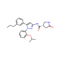 CCCc1cccc(-c2cc(NC(=O)[C@@H]3CNC(=O)C3)nn2-c2ccccc2OC(C)C)c1 ZINC000169707300