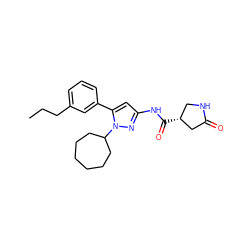 CCCc1cccc(-c2cc(NC(=O)[C@@H]3CNC(=O)C3)nn2C2CCCCCC2)c1 ZINC000169707012