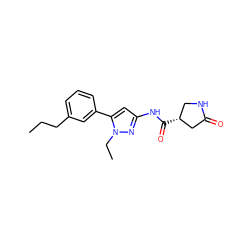 CCCc1cccc(-c2cc(NC(=O)[C@@H]3CNC(=O)C3)nn2CC)c1 ZINC000169706960