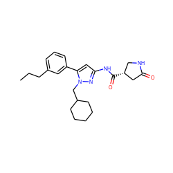 CCCc1cccc(-c2cc(NC(=O)[C@@H]3CNC(=O)C3)nn2CC2CCCCC2)c1 ZINC000169707049