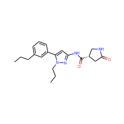 CCCc1cccc(-c2cc(NC(=O)[C@@H]3CNC(=O)C3)nn2CCC)c1 ZINC000169706946