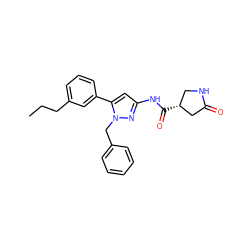 CCCc1cccc(-c2cc(NC(=O)[C@@H]3CNC(=O)C3)nn2Cc2ccccc2)c1 ZINC000169707037