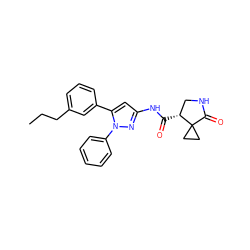 CCCc1cccc(-c2cc(NC(=O)[C@@H]3CNC(=O)C34CC4)nn2-c2ccccc2)c1 ZINC000169707282